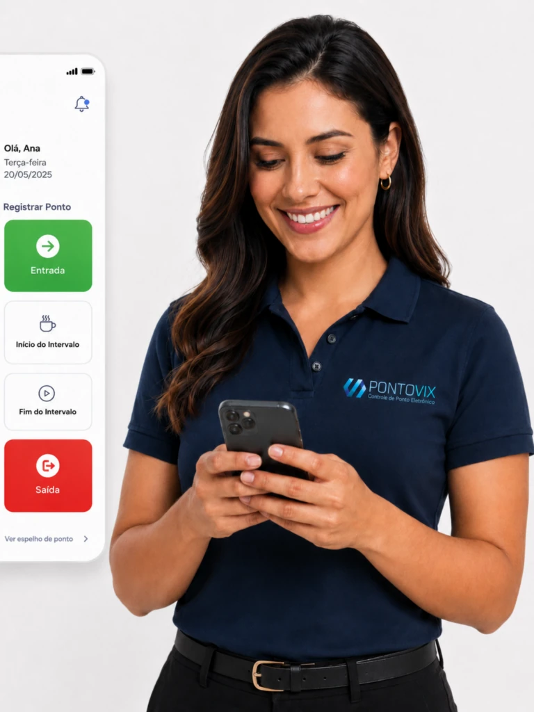 Aplicativo de ponto eletrônico para Android e iOS Aplicativo de ponto eletrônico PontoVix: colaboradora registrando entrada e saída pelo celular
