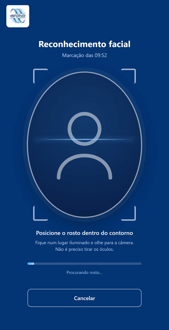 Registro de ponto por reconhecimento facial no celular: câmera aberta aguardando o rosto do colaborador