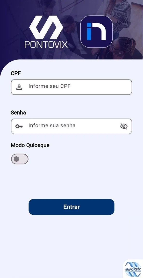 Aplicativo de ponto eletrônico PontoVix: tela de login com CPF, senha e modo quiosque