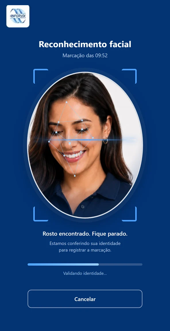 Reconhecimento facial validado: identidade da colaboradora confirmada e marcação de ponto sendo gravada