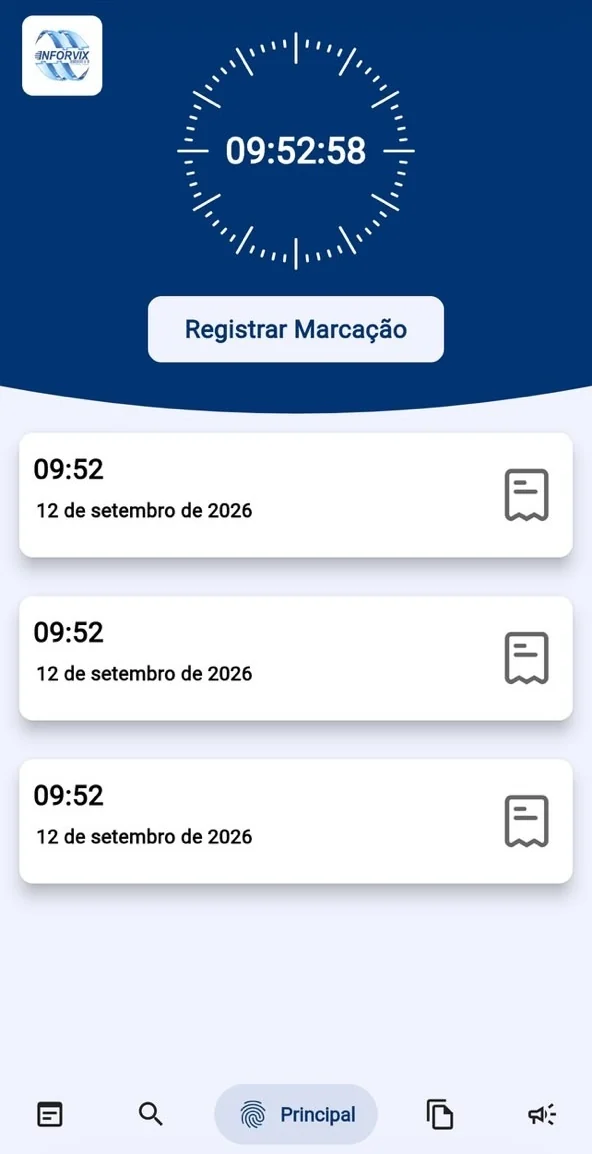 Aplicativo de ponto eletrônico PontoVix: relógio oficial, marcações do dia e botão Registrar Marcação