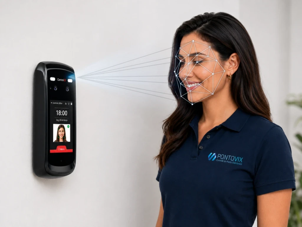 Sistema de ponto eletrônico PontoVix: colaboradora registrando o ponto por reconhecimento facial em relógio de ponto Control iD