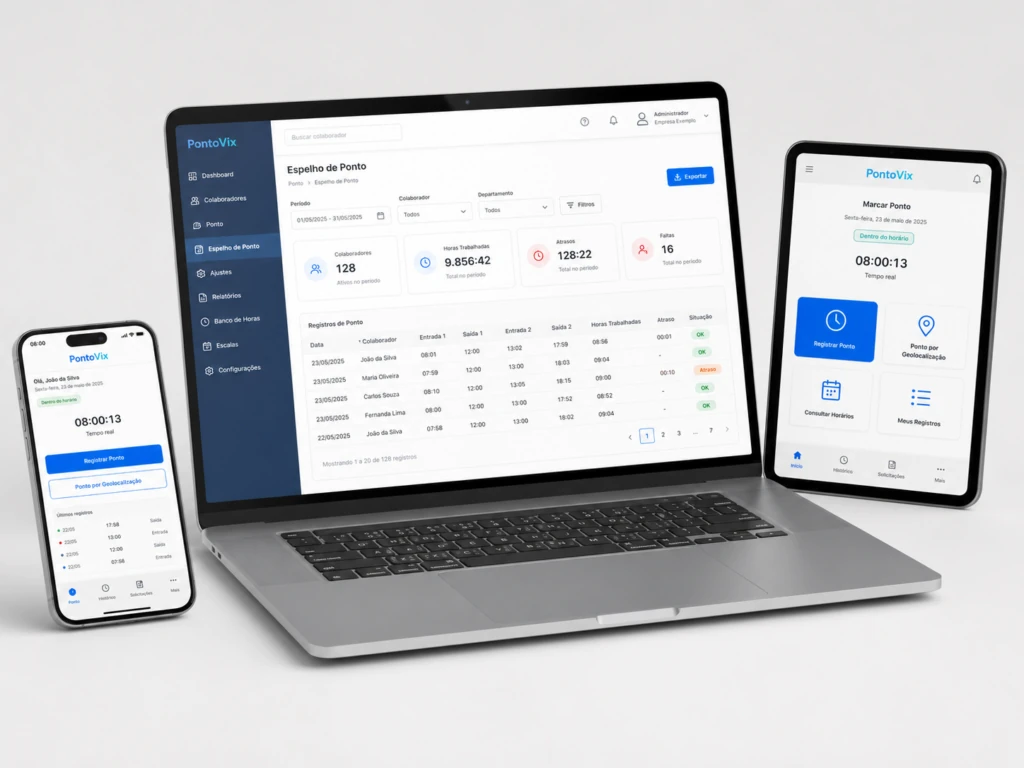 Sistema de controle de ponto online em qualquer dispositivo Sistema de controle de ponto online PontoVix: painel gerencial no notebook, no tablet e no celular